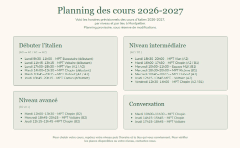 Horaires des cours